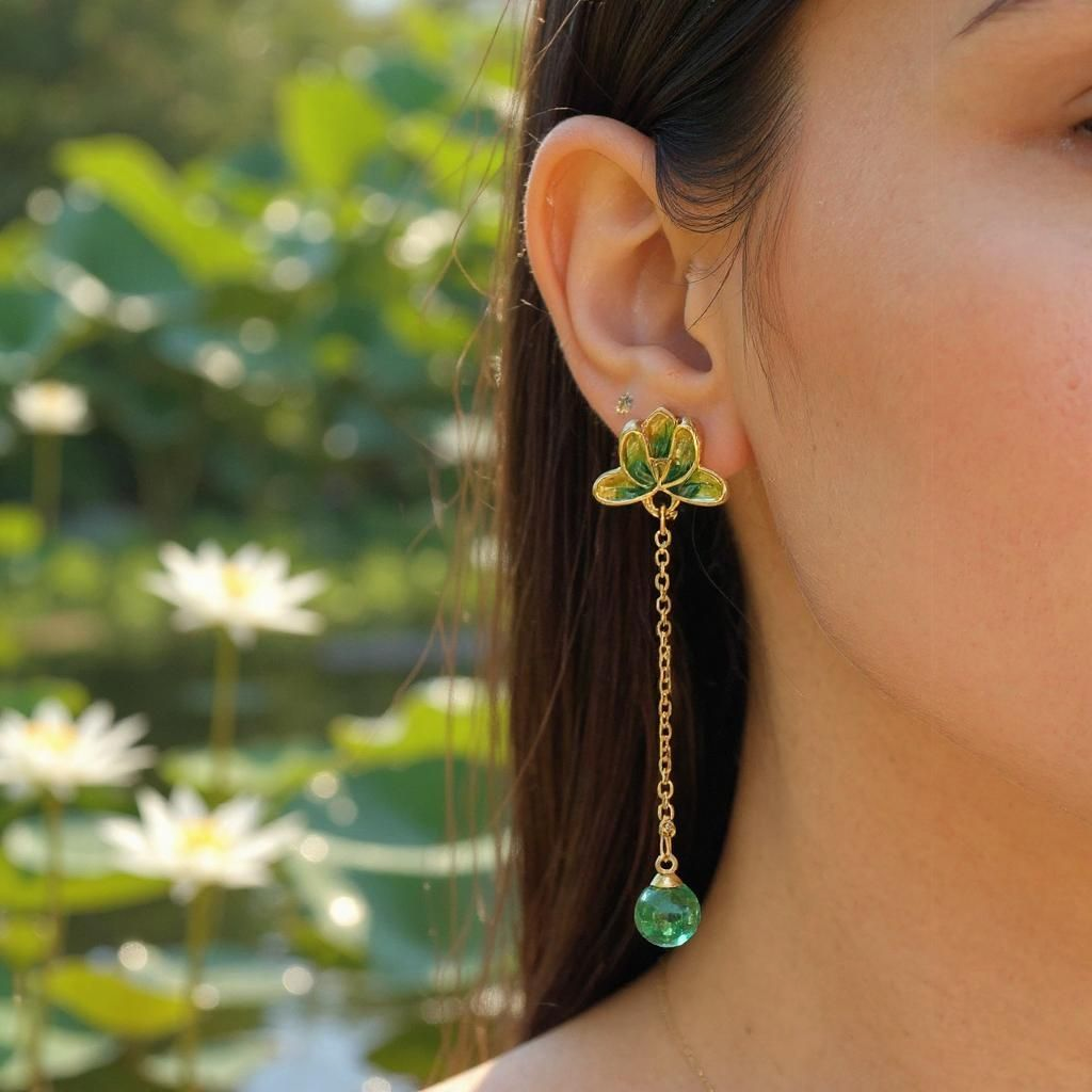 Emerald Whisper Lotus Drop Earrings