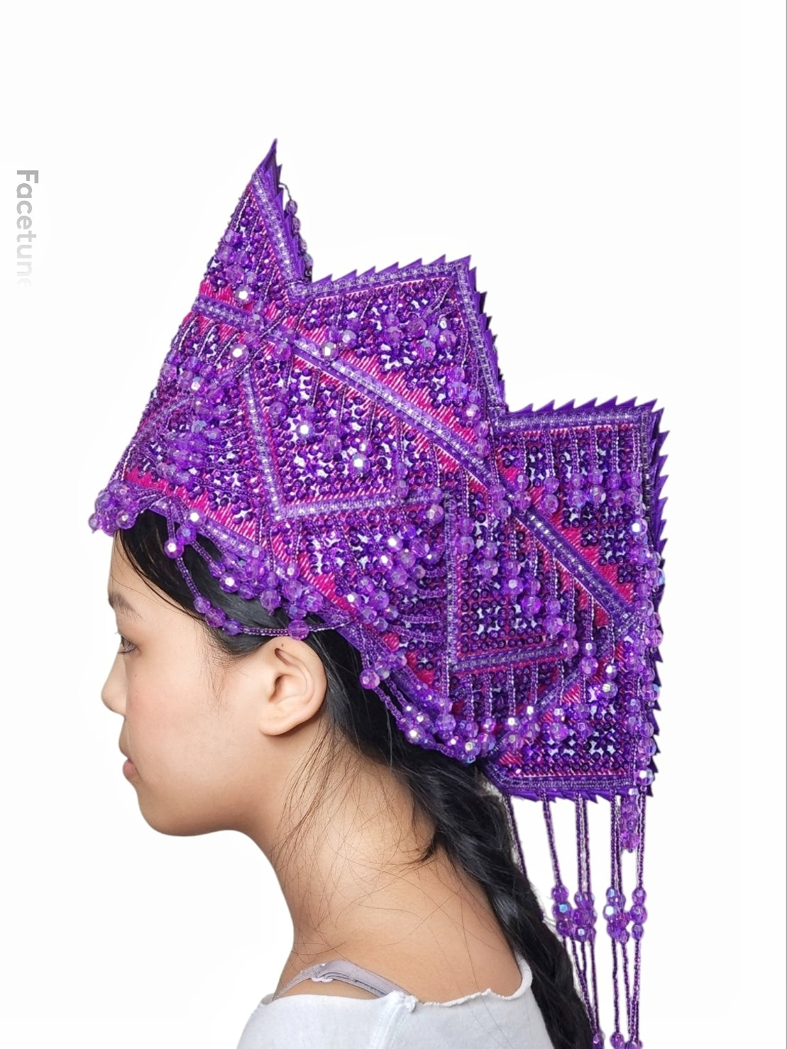 Hmong Traditional Princess/Queen Hat |Purple-Red Thread