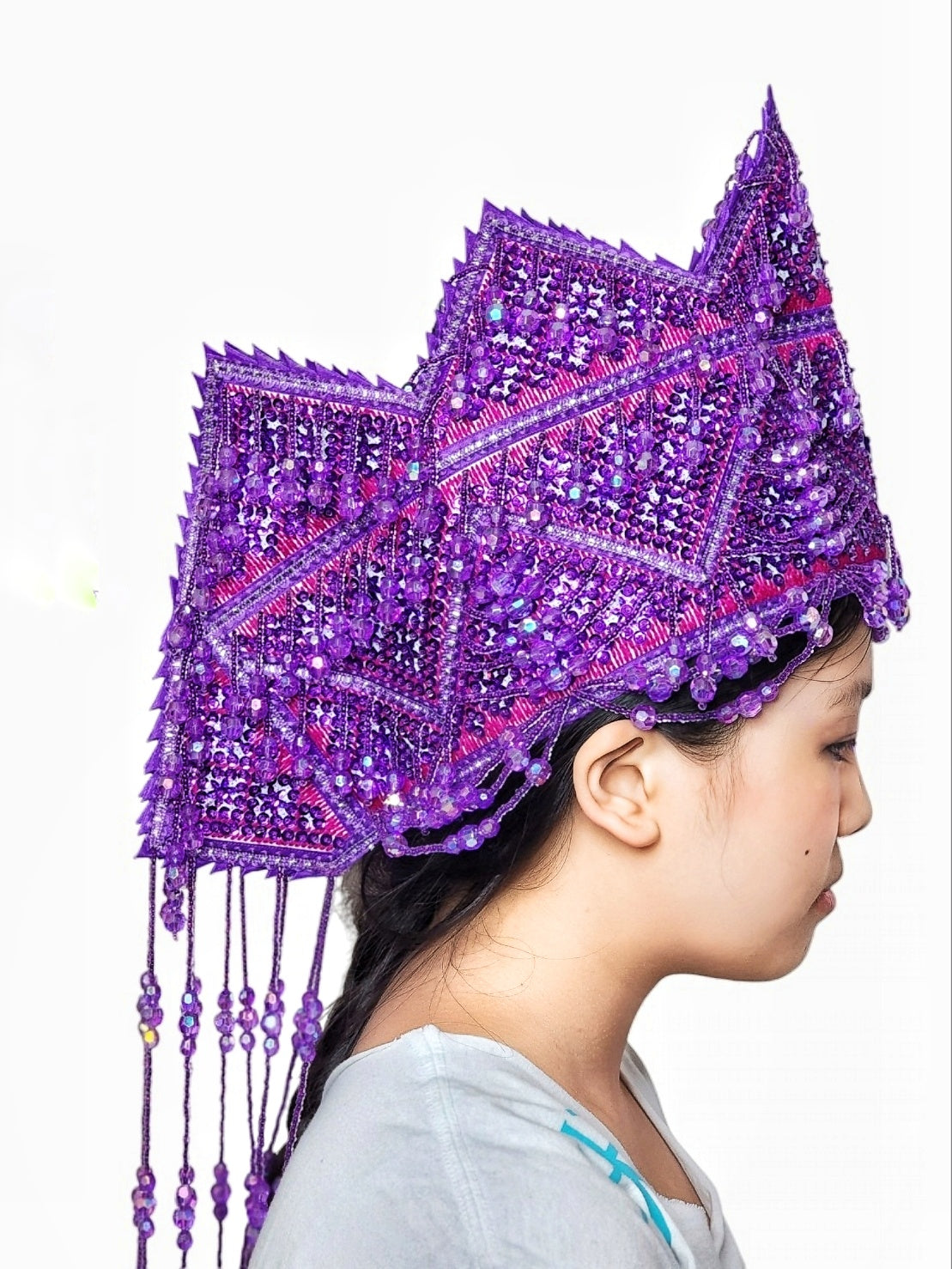 Hmong Traditional Princess/Queen Hat |Purple-Red Thread
